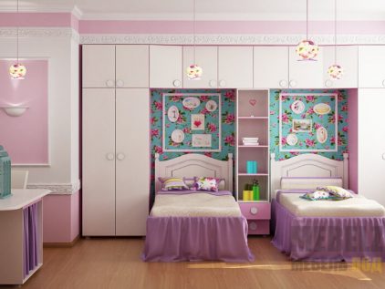Набор ультрасовременной мебели в комнату для двух девочек зонированный шкафом-пеналом