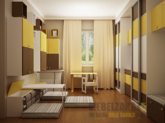 Функциональный набор мебели коричнево-желтого цвета в детскую комнату