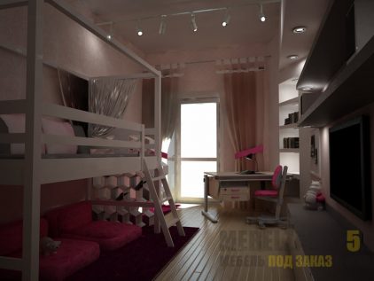 Минималистичная кровать-чердак с компьютерным столом и встроенными в стену полками в комнату для девочки