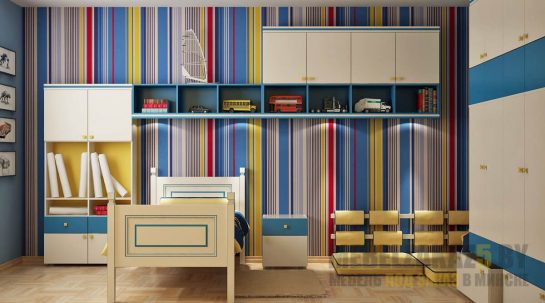 Шкаф-пенал с навесными шкафчиками и полками в бело-синем цвете для детской комнаты