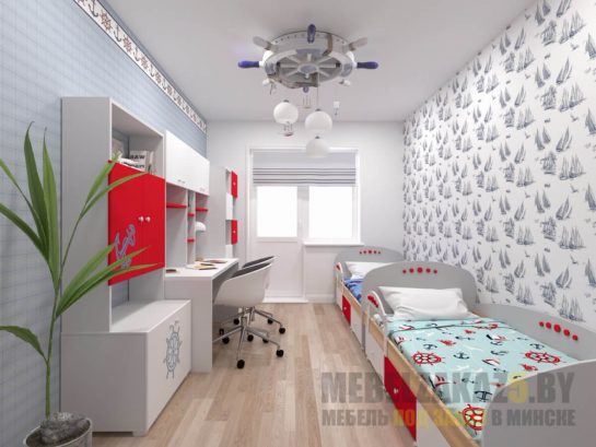 Красно-белый комплект мебели в детскую для двух детей