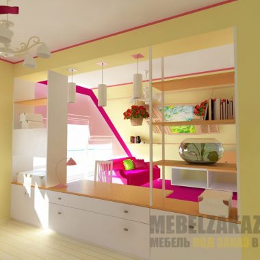 абор мебели в детскую ярких цветов с игровой зоной и шкафчиками для хранения
