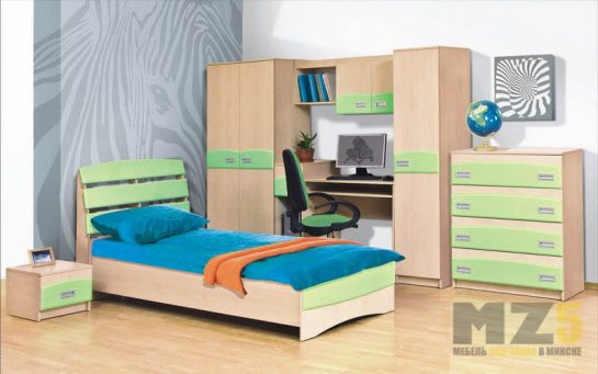 Односпальная кровать с распашным шкафом и рабочей зоной в комнату для подростка