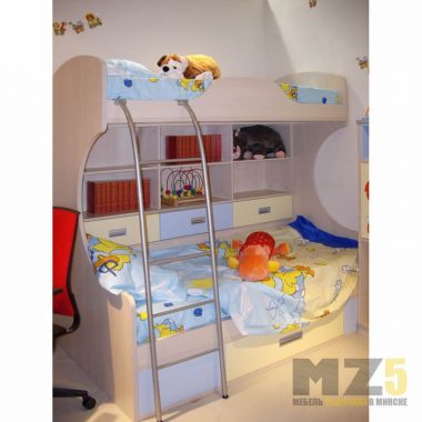 Двухъярусная кровать в детскую комнату с настенными полками