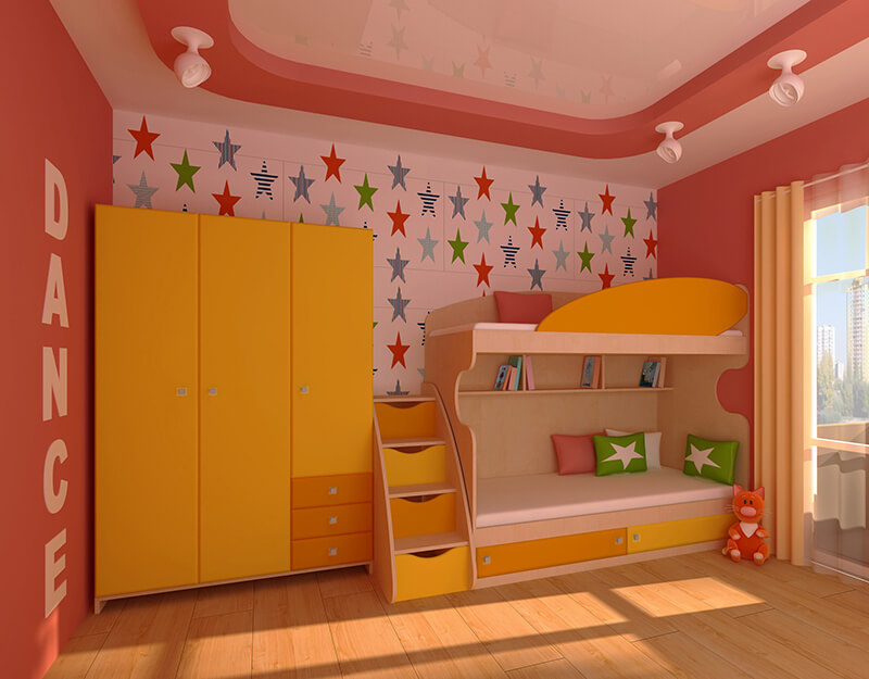 Трехдверный распашной шкаф в детскую с двухъярусной кроватью оранжевого цвета