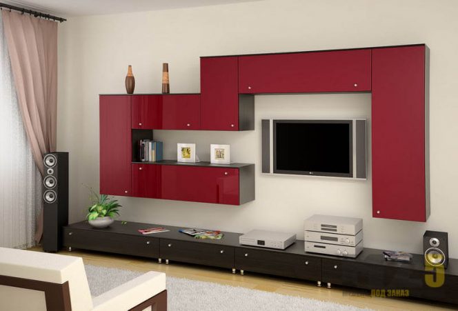 Ультрасовременная матовая горка в гостиную с красными навесными шкафчиками