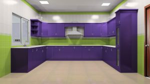 П-образная кухня из МДФ фиолетового цвета