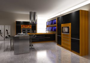 Стильная П-образная кухня МДФ с пленочным покрытием в стиле минимализм