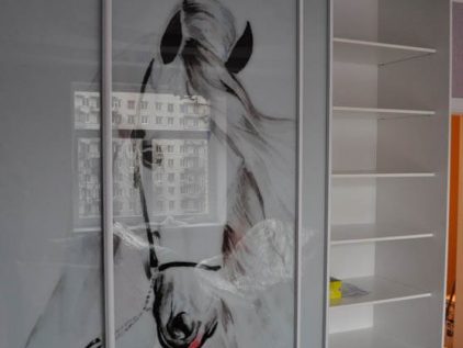 Современный белый шкаф-купе из лакобеля с фотопечатью