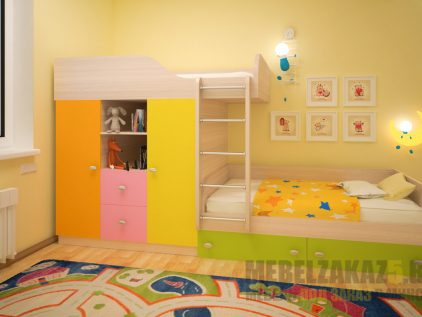 Яркая двухъярусная детская кровать со шкафчиками для хранения