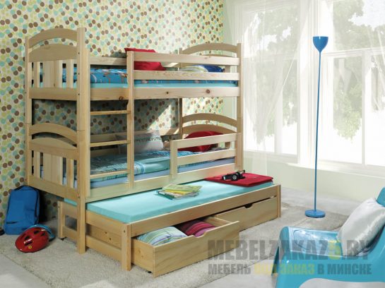 Детская двухъярусная выдвижная кровать из массива дерева