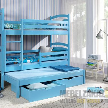 Детская двухъярусная выдвижная кровать из массива синего цвета