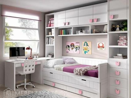 Современный набор мебели в детскую для девочки с рабочей зоной и спальным местом