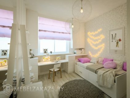 Современная мебель в комнату для девочки с навесным шкафчиком, кроватью и рабочей зоной