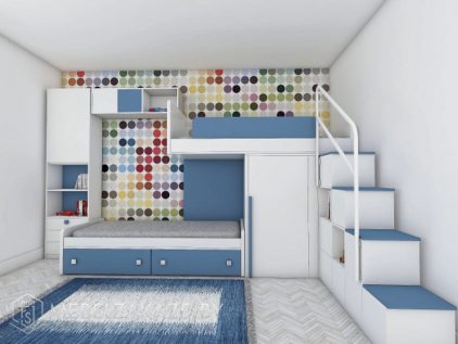 Большая двухъярусная кровать в детскую бело-синего цвета