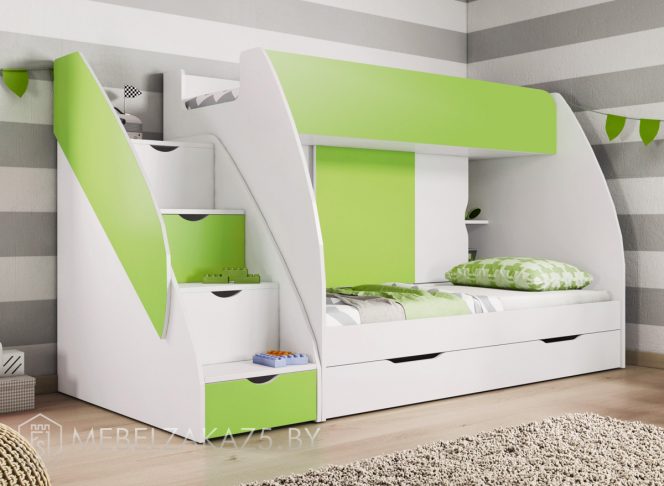 Бело-салатовая двухъярусная кровать без ножек в детскую