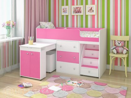 Кровать-чердак для детей от трех лет в розовом цвете