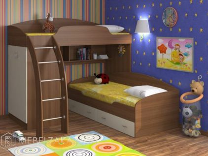 Современная кровать-чердак из массива в детскую для двоих детей