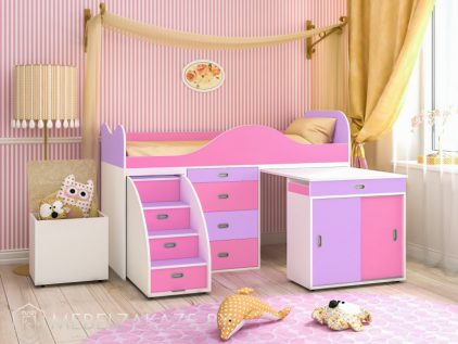 Современная яркая розово-фиолетовая кровать-чердак для девочки