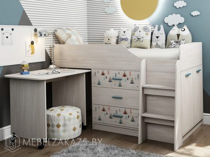 Современная детская кровать-чердак с выдвижным письменным столом