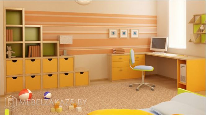 Ярко-оранжевый комплект корпусной мебели в детскую комнату для детей от 3-х лет