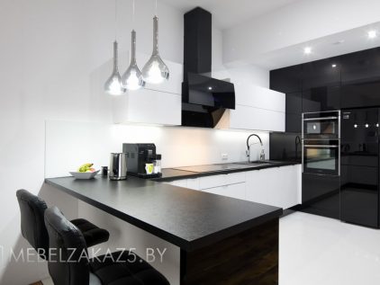 Ультрасовременная п-образная кухня черно белого цвета
